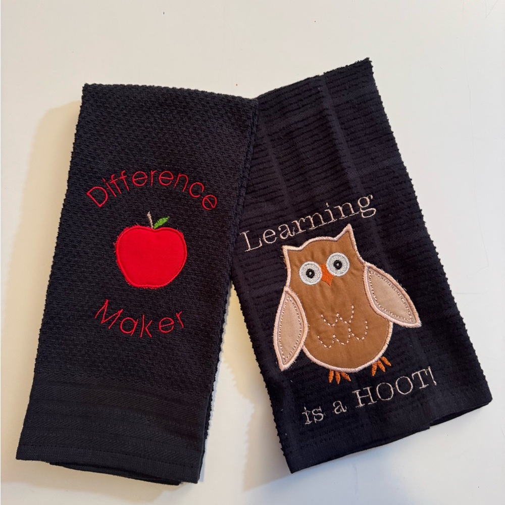 Teacher appreciation gift  Black Embroidered Kitchen Towels with Owl and Apple - Picture 3 of 9